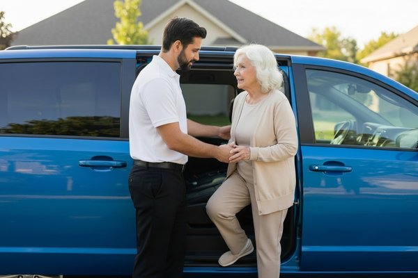 Transit Professionals driver helping an elderly patient exit the vehicle
